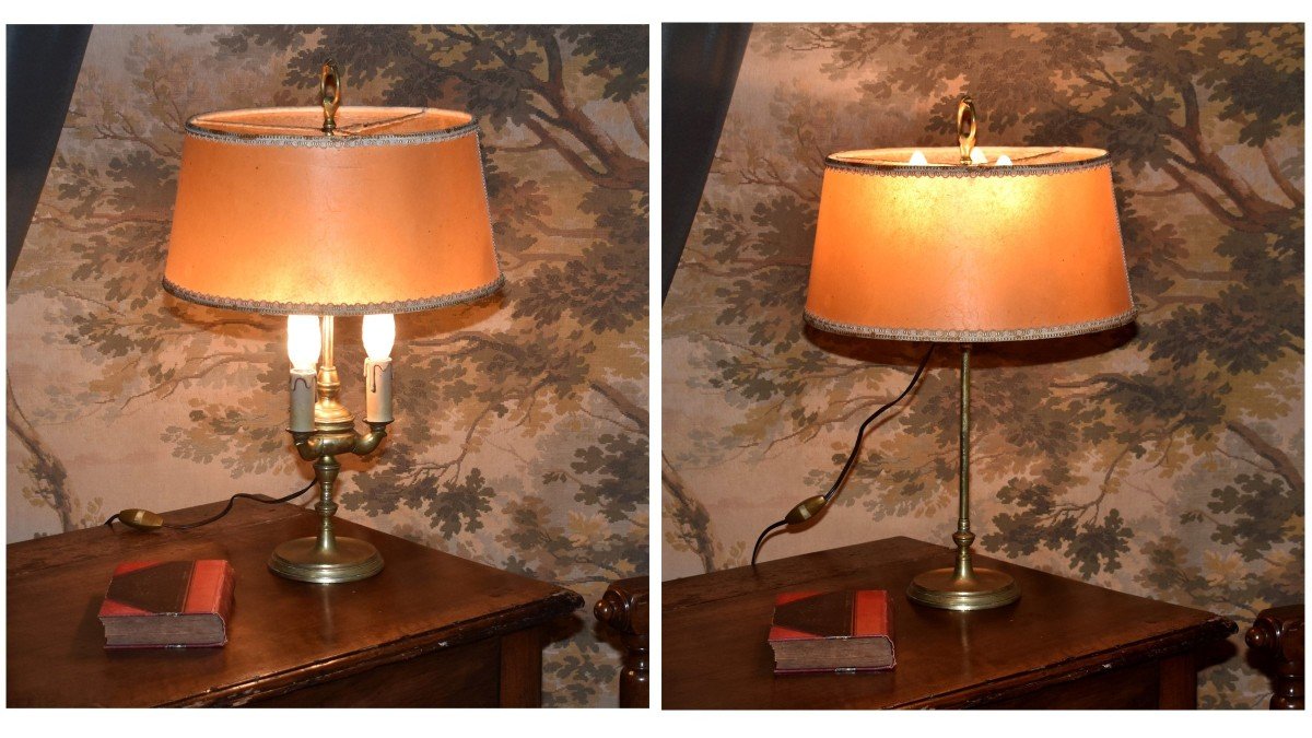Lampe &agrave; Huile  R&eacute;glable Mont&eacute;e &agrave; l&#039;&eacute;lectricit&eacute;,  Pied En Bronze Et Laiton &eacute;lectrifi&eacute;e ,  Trois lumi&egrave;res.-photo-1