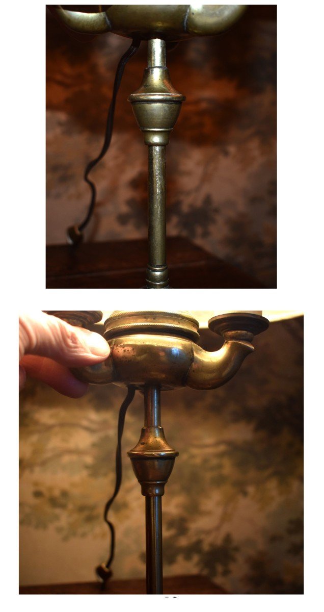 Lampe &agrave; Huile  R&eacute;glable Mont&eacute;e &agrave; l&#039;&eacute;lectricit&eacute;,  Pied En Bronze Et Laiton &eacute;lectrifi&eacute;e ,  Trois lumi&egrave;res.-photo-5