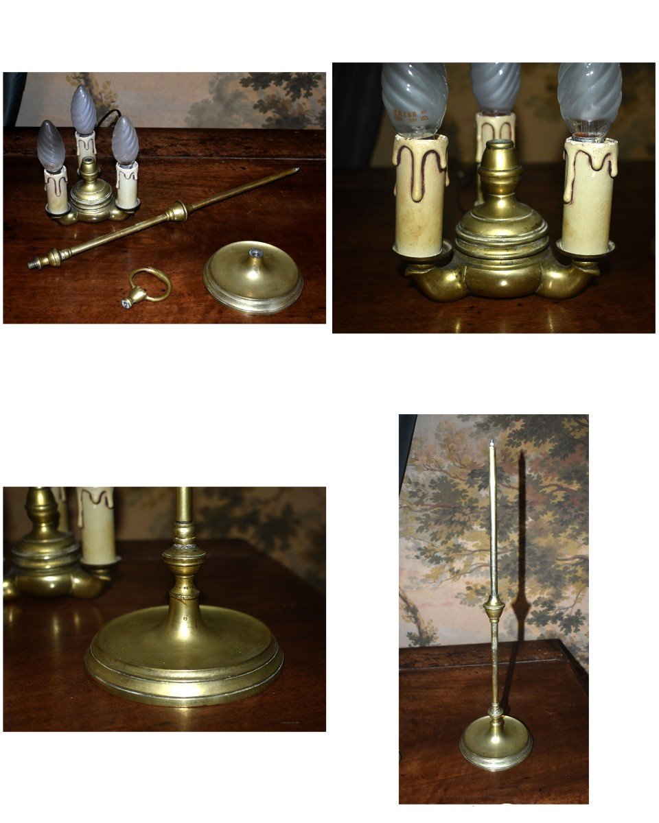 Lampe &agrave; Huile  R&eacute;glable Mont&eacute;e &agrave; l&#039;&eacute;lectricit&eacute;,  Pied En Bronze Et Laiton &eacute;lectrifi&eacute;e ,  Trois lumi&egrave;res.-photo-6