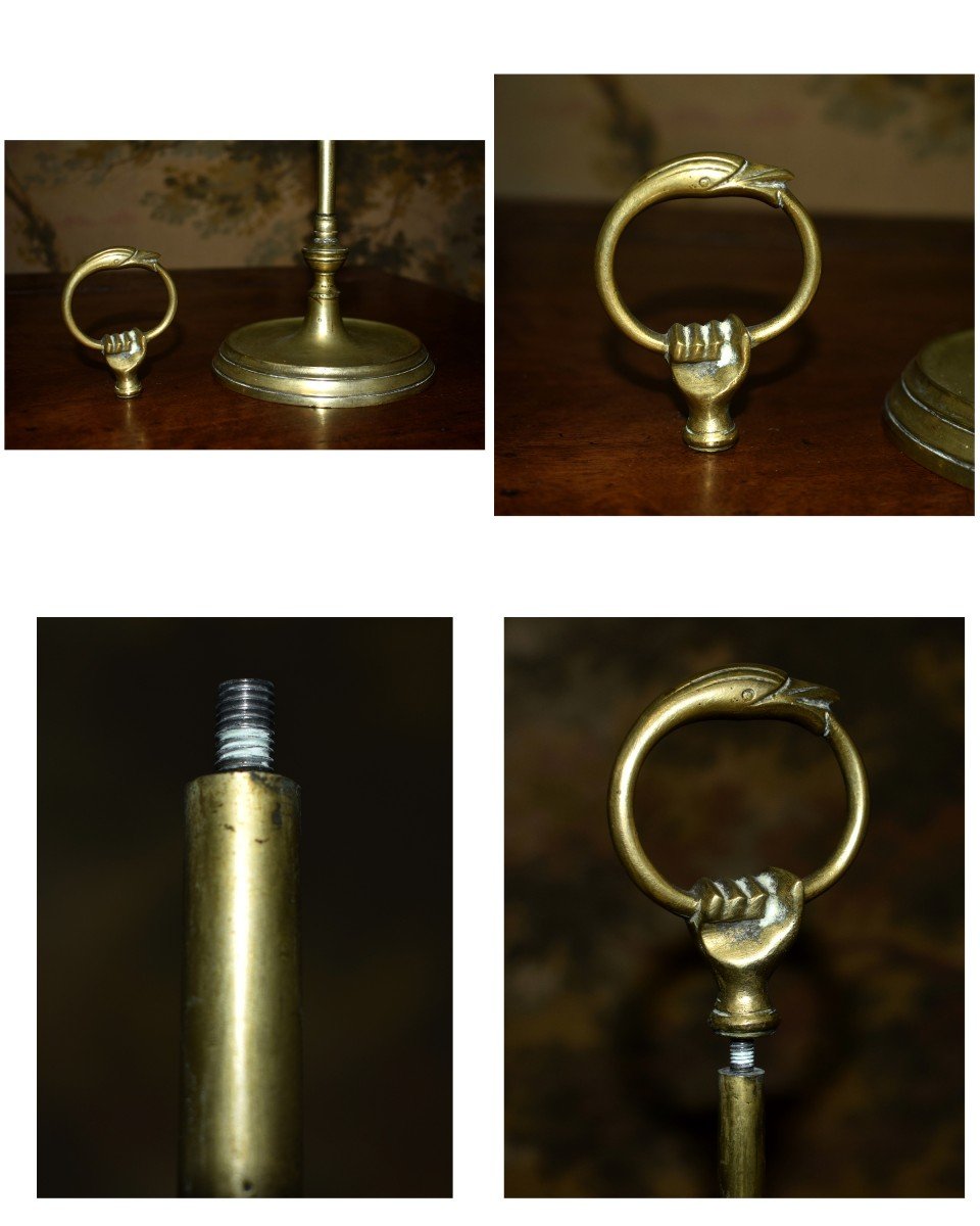 Lampe &agrave; Huile  R&eacute;glable Mont&eacute;e &agrave; l&#039;&eacute;lectricit&eacute;,  Pied En Bronze Et Laiton &eacute;lectrifi&eacute;e ,  Trois lumi&egrave;res.-photo-7