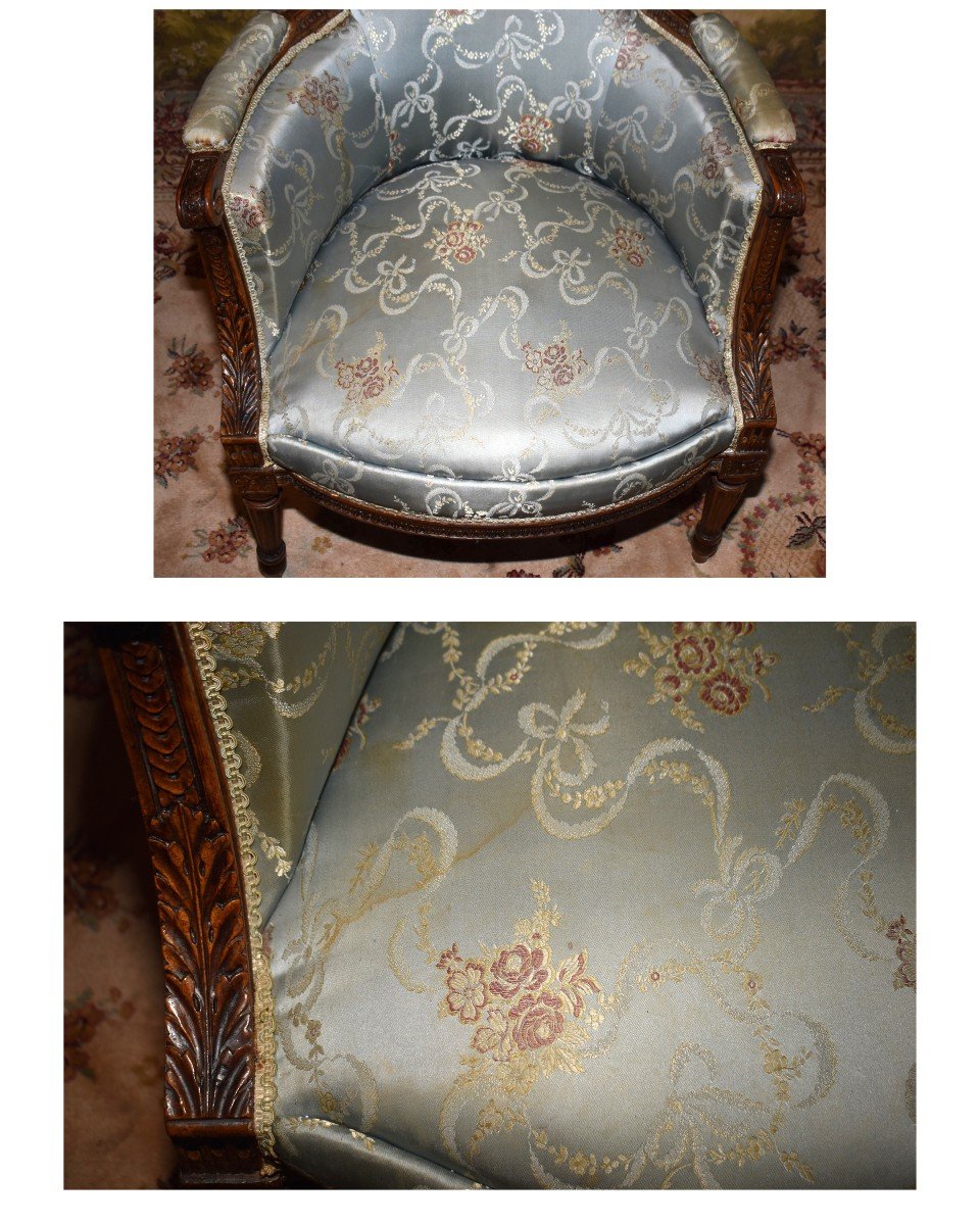 Bergère époque  Louis XVI , XVIIIème, Décor De Rais De Cœur, Piastres Et Pieds Fuseaux Cannelés .  fauteuil de bureau -photo-6