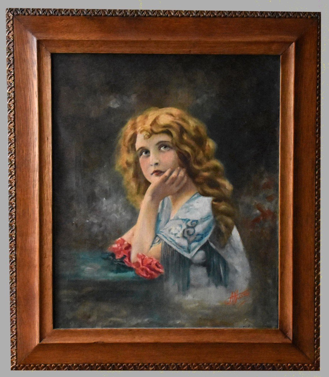 Portrait Of A Child, Young Girl Leaning. Little Girl With Two Roses. Oil On Framed Canvas.-photo-2
