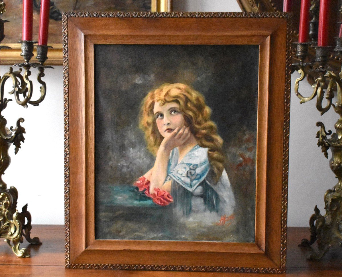 Portrait Of A Child, Young Girl Leaning. Little Girl With Two Roses. Oil On Framed Canvas.-photo-7
