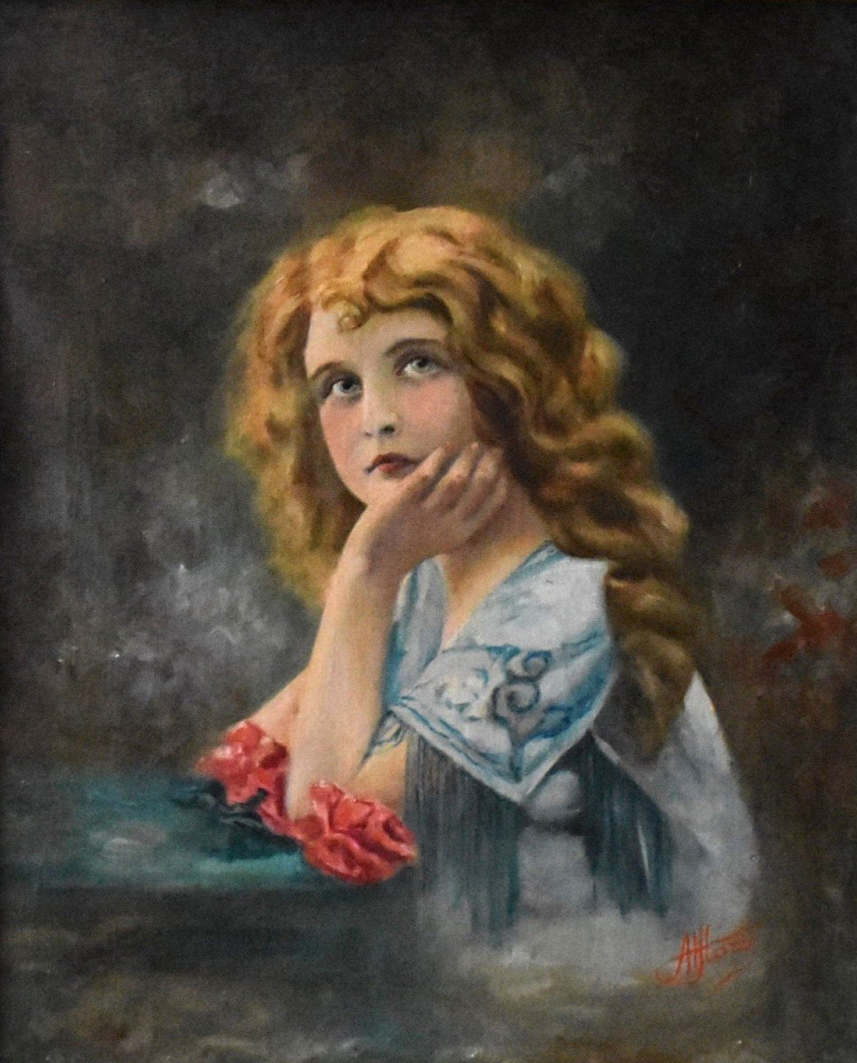 Portrait Of A Child, Young Girl Leaning. Little Girl With Two Roses. Oil On Framed Canvas.