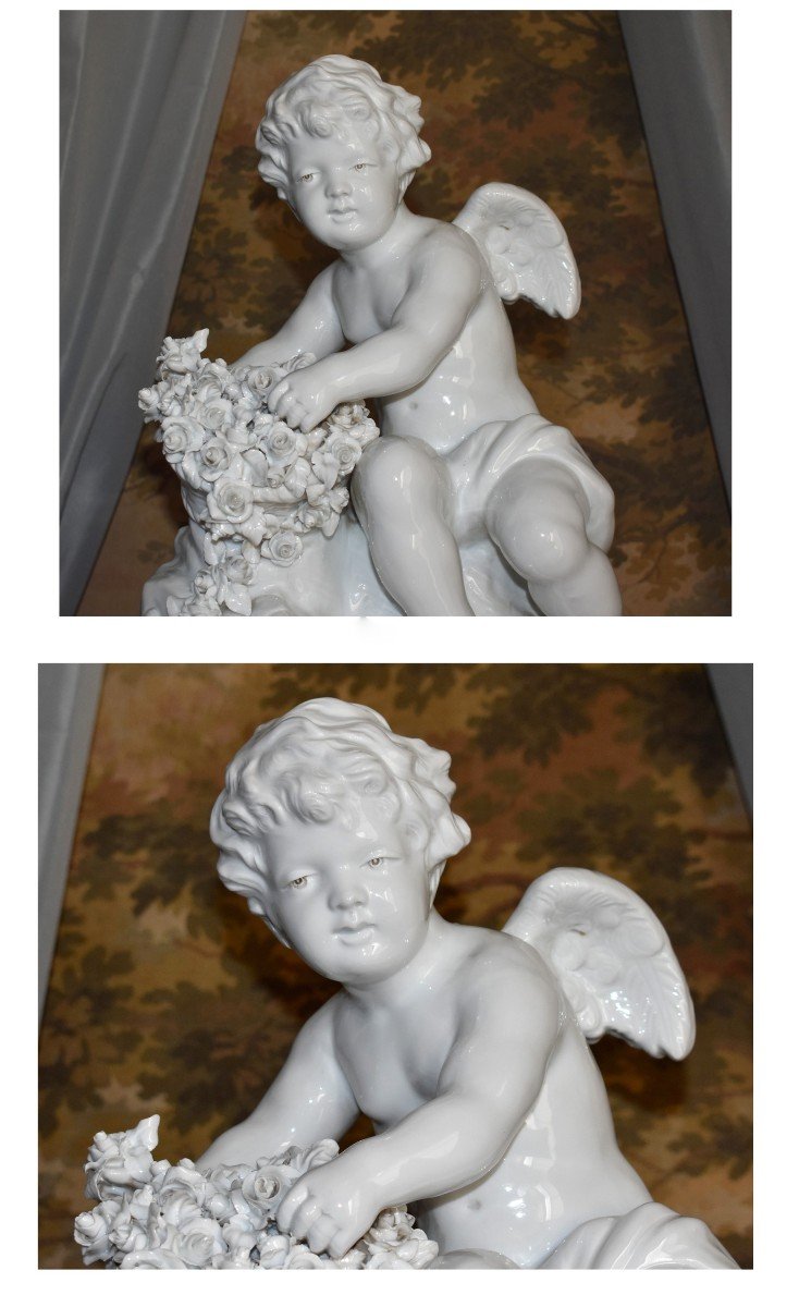 Grande Statue En Porcelaine Capodimonte, Naples,  Angelot Au Panier De Fleur, Signé Umberto Onesto, sculpture d'un  Putto ,-photo-2