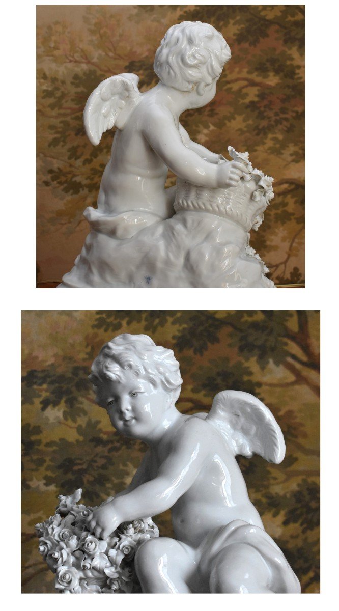 Grande Statue En Porcelaine Capodimonte, Naples,  Angelot Au Panier De Fleur, Signé Umberto Onesto, sculpture d'un  Putto ,-photo-3