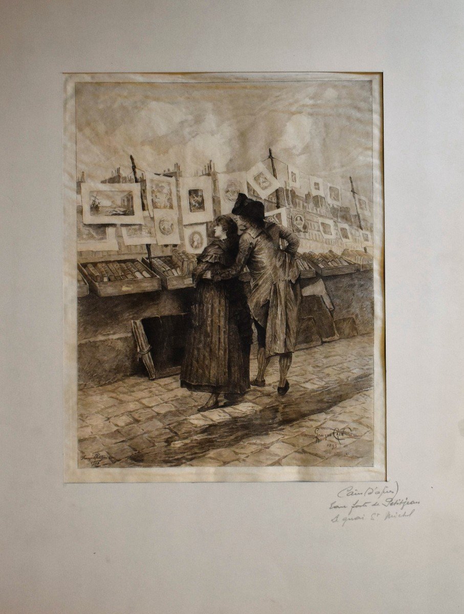 Estampe De François Petitjean d'Après Georges Cain ,   amoureux devant les  Bouquinistes Sur Les Quais De Seine , quai Saint Michel.-photo-3