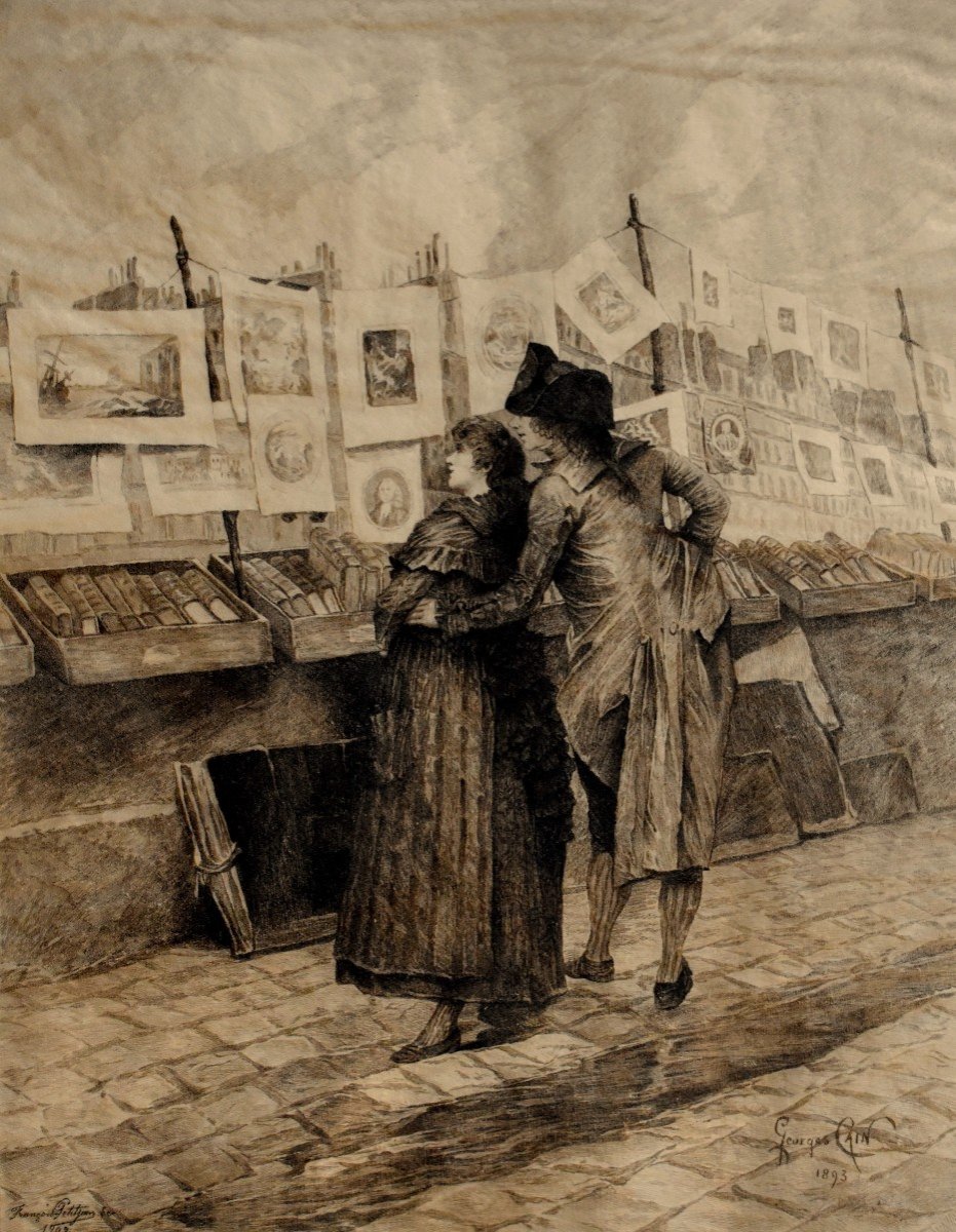 Estampe De François Petitjean d'Après Georges Cain ,   amoureux devant les  Bouquinistes Sur Les Quais De Seine , quai Saint Michel.