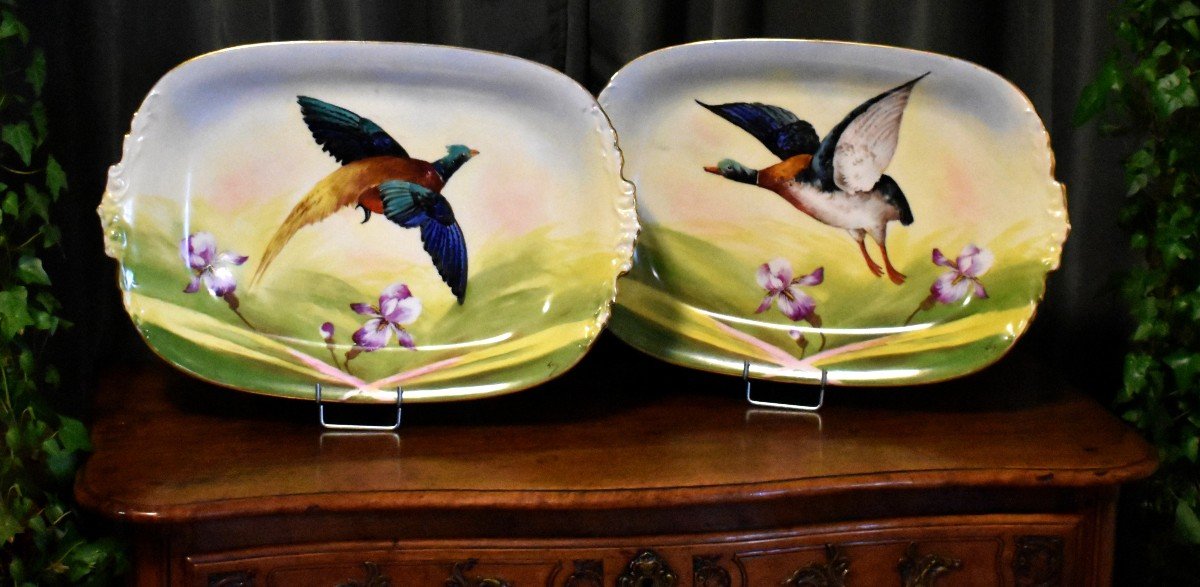 Important Pair Of Limoges Porcelain Decorative Dishes, Hand Painted Decor Pheasant Duck-photo-3