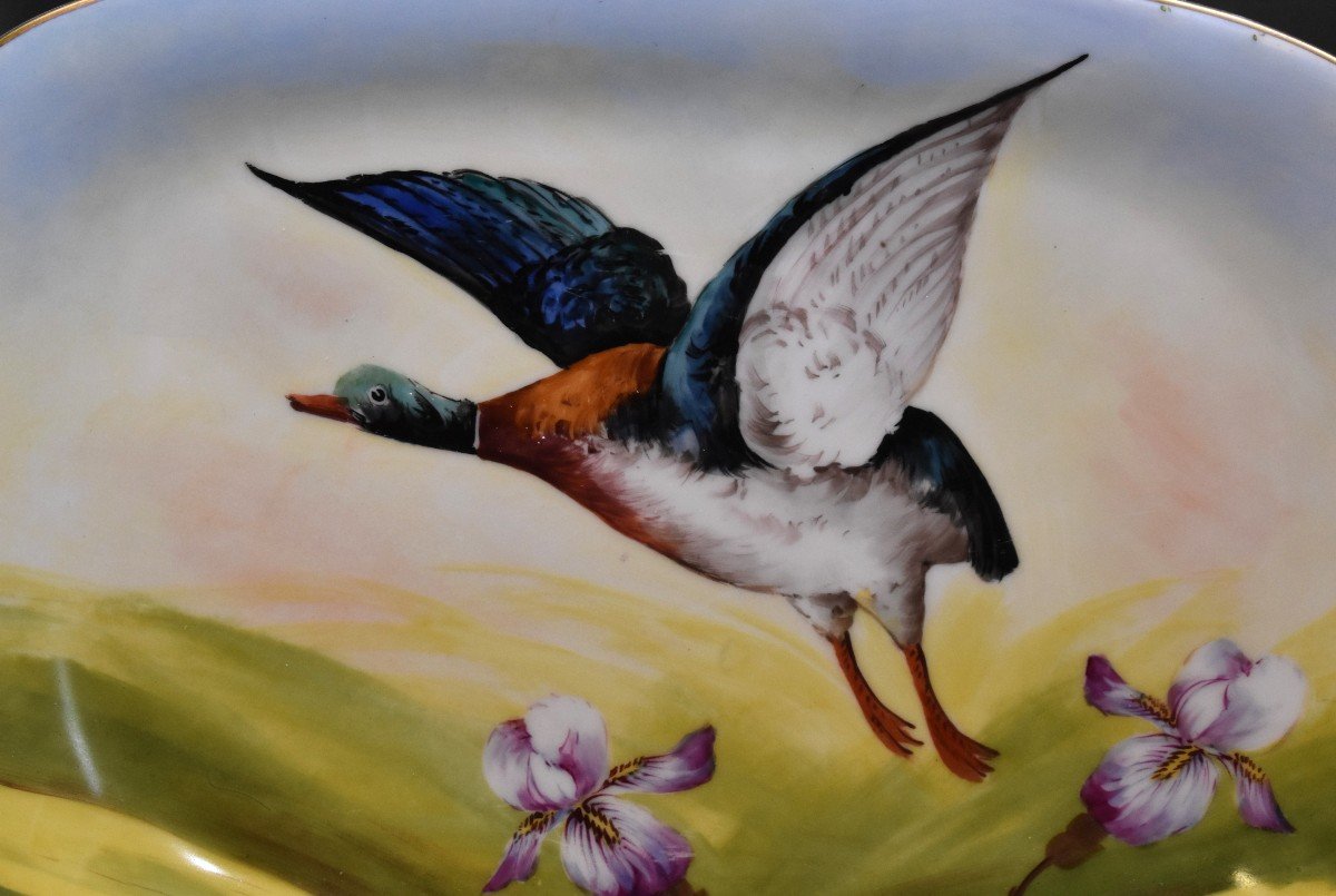 Important Pair Of Limoges Porcelain Decorative Dishes, Hand Painted Decor Pheasant Duck-photo-2