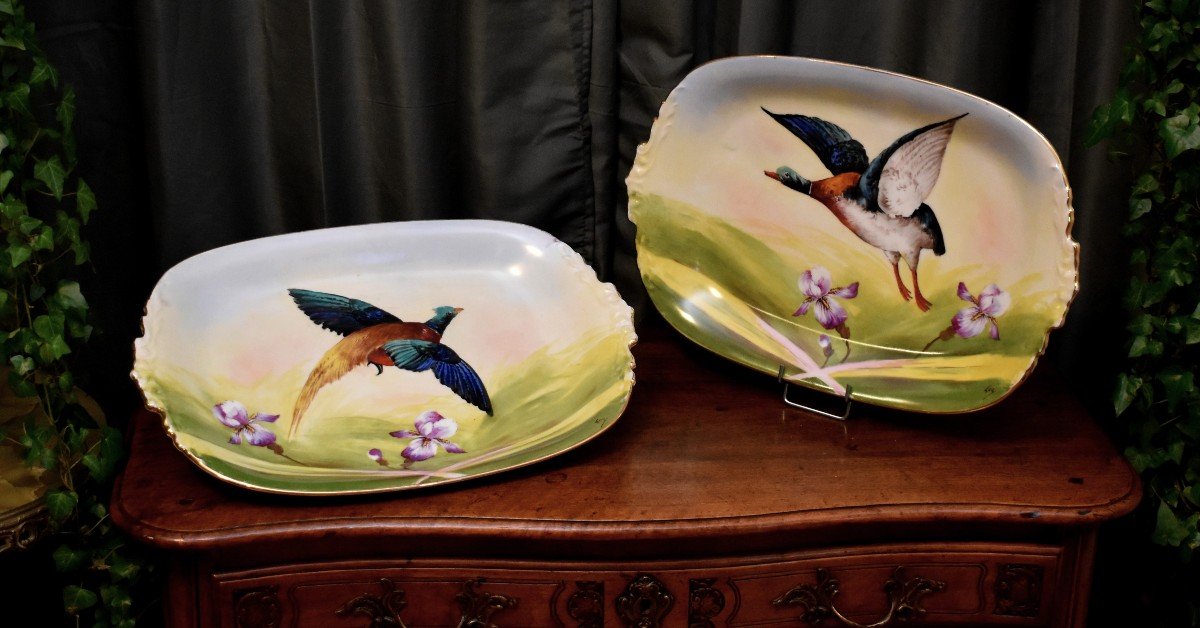 Important Pair Of Limoges Porcelain Decorative Dishes, Hand Painted Decor Pheasant Duck