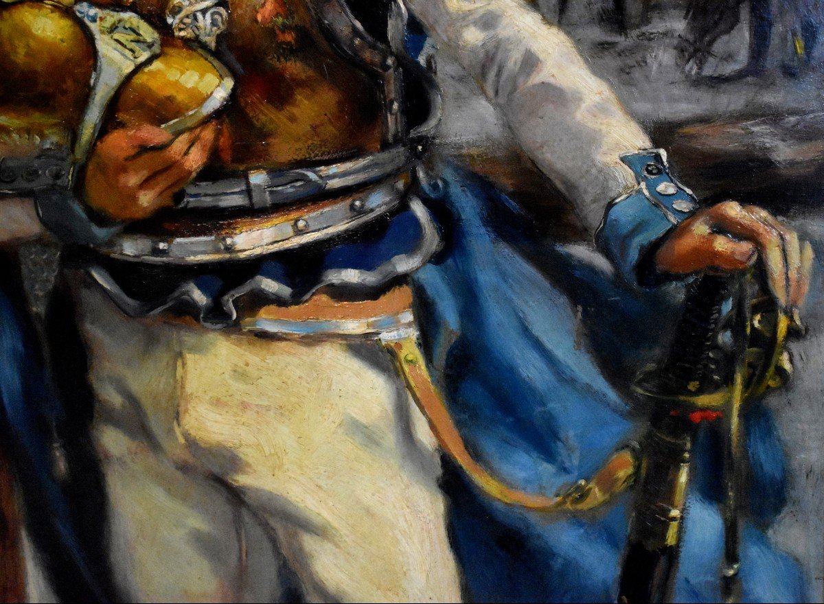 J. Marmande , Grand Tableau représentant un  Carabinier du premier Empire En Uniforme , Peinture Militaire. Soldat .-photo-2