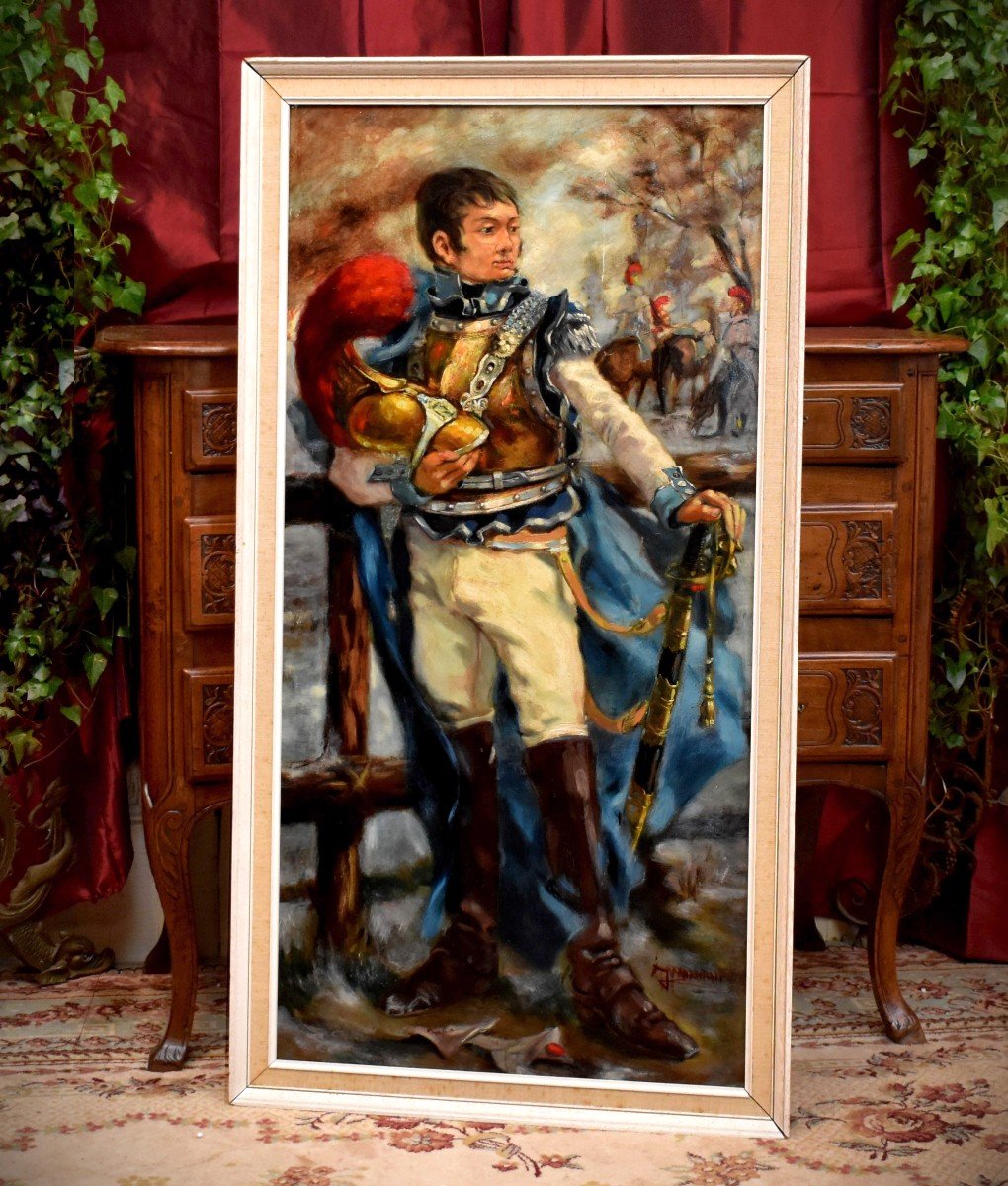 J. Marmande , Grand Tableau représentant un  Carabinier du premier Empire En Uniforme , Peinture Militaire. Soldat .