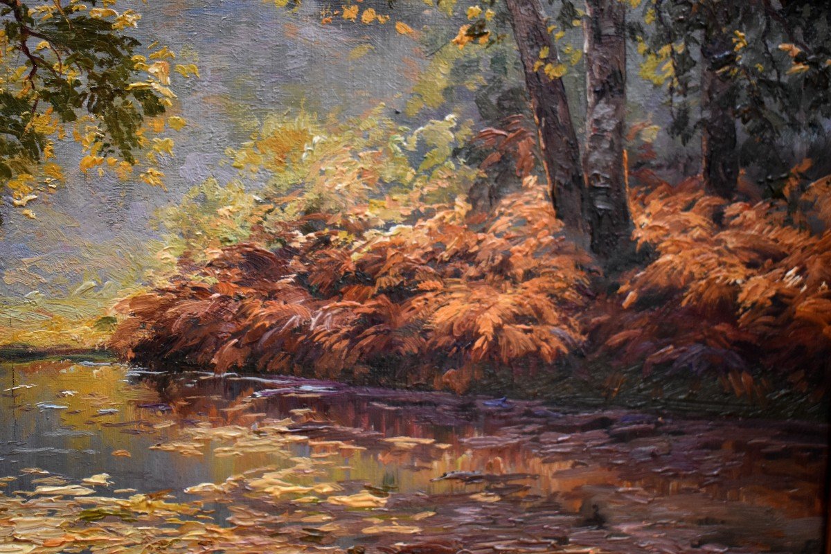 Dufau Jean (19th - 20th Century), "autumn" Landscape Very Large Painting Under Woods And River,-photo-4