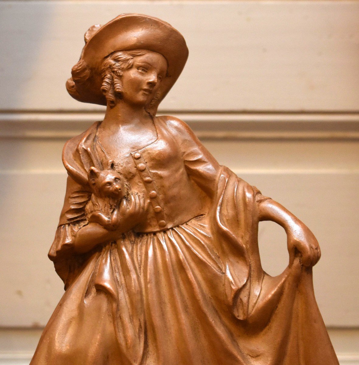R. d'Arly Terracotta Sculpture, Elegant Statue With Little Dog.-photo-1