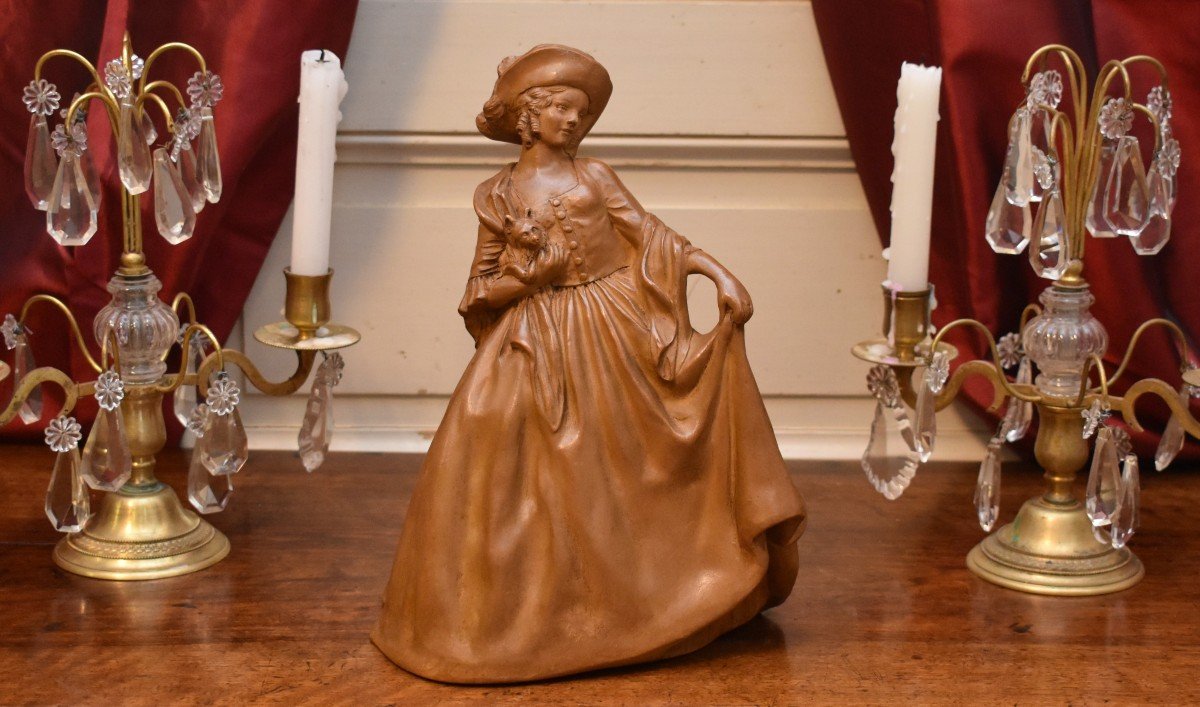 R. d'Arly Terracotta Sculpture, Elegant Statue With Little Dog.