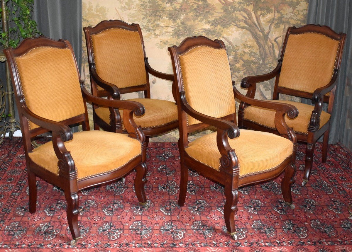 Suite Of Four Mahogany Armchairs Restoration Period, XIX E, Possibility Sale In Pair.-photo-4