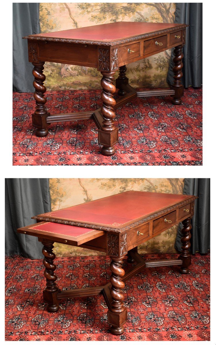 Grand Bureau Plat &agrave; Tirettes De Style Louis XIII Pieds En  Torsade , Noyer Massif Et Dessus Cuir -photo-2