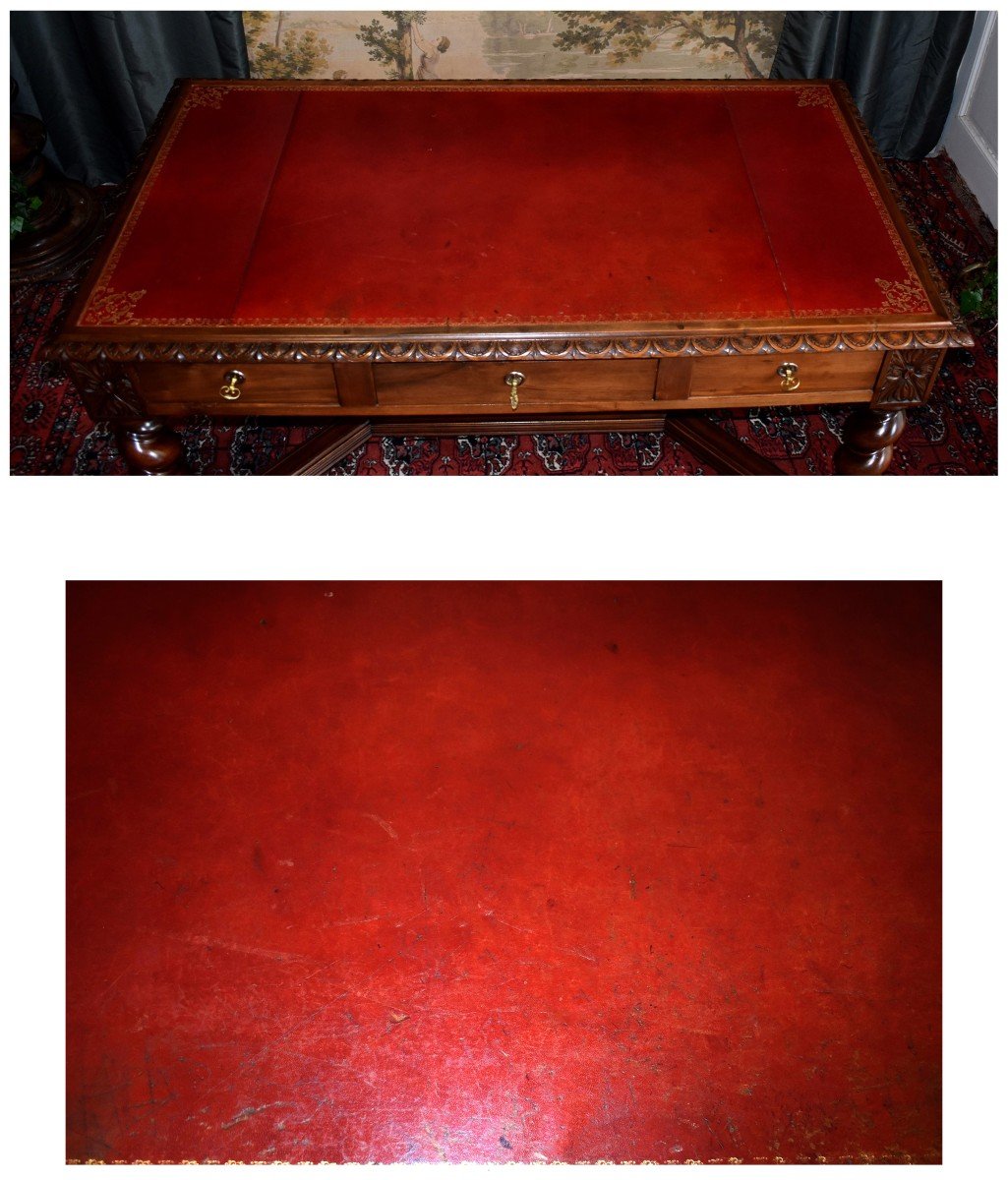 Grand Bureau Plat &agrave; Tirettes De Style Louis XIII Pieds En  Torsade , Noyer Massif Et Dessus Cuir -photo-8