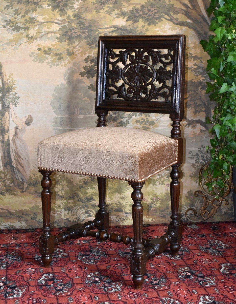 Chaise à Dossier De Style Renaissance - Henri II De La Fin Du XIXe ,  siège tissu velours.-photo-2