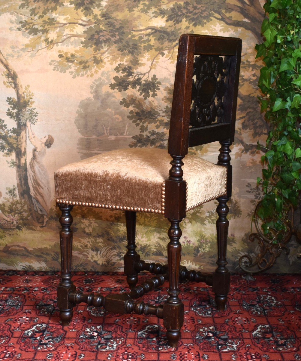 Renaissance Style Backrest Chair - Henri II From The End Of The 19th Century, Velvet Fabric Seat.-photo-4