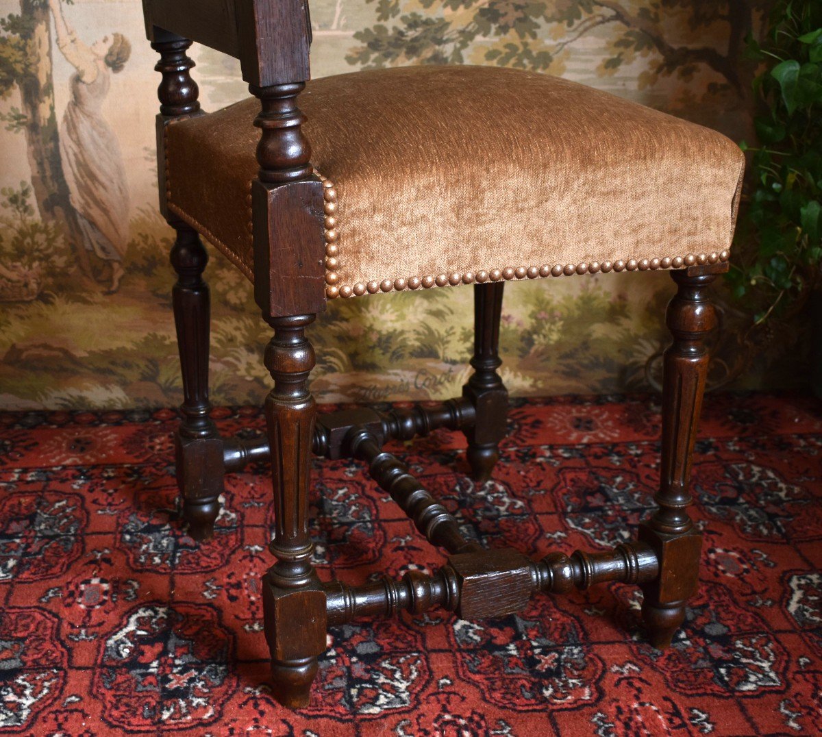 Renaissance Style Backrest Chair - Henri II From The End Of The 19th Century, Velvet Fabric Seat.-photo-1