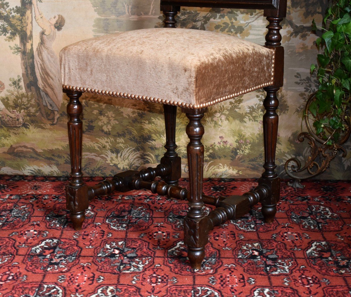 Renaissance Style Backrest Chair - Henri II From The End Of The 19th Century, Velvet Fabric Seat.-photo-2
