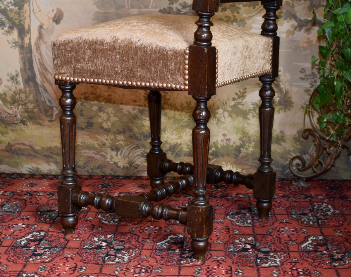 Chaise à Dossier De Style Renaissance - Henri II De La Fin Du XIXe ,  siège tissu velours.-photo-3