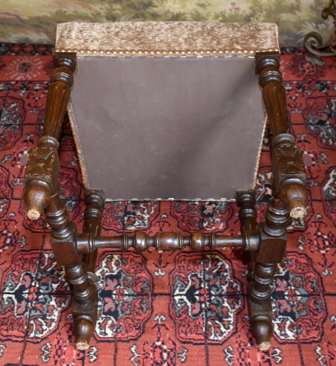 Renaissance Style Backrest Chair - Henri II From The End Of The 19th Century, Velvet Fabric Seat.-photo-8