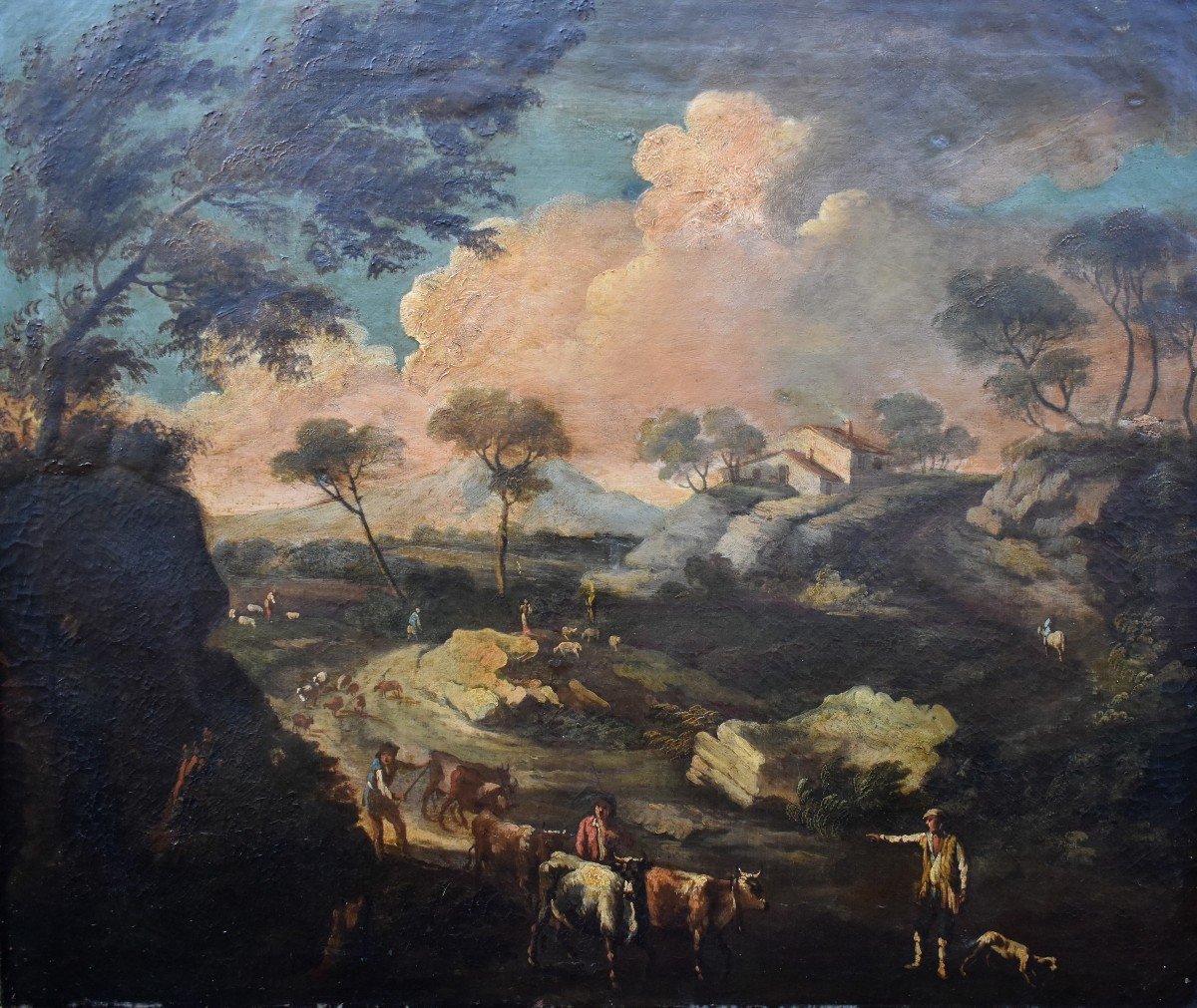 Paire De Tableaux , Italie du nord, XVIIIe siècle, paysages animés,  scène d'un  troupeau s'abreuvant,  vaches, moutons, bergers.-photo-2