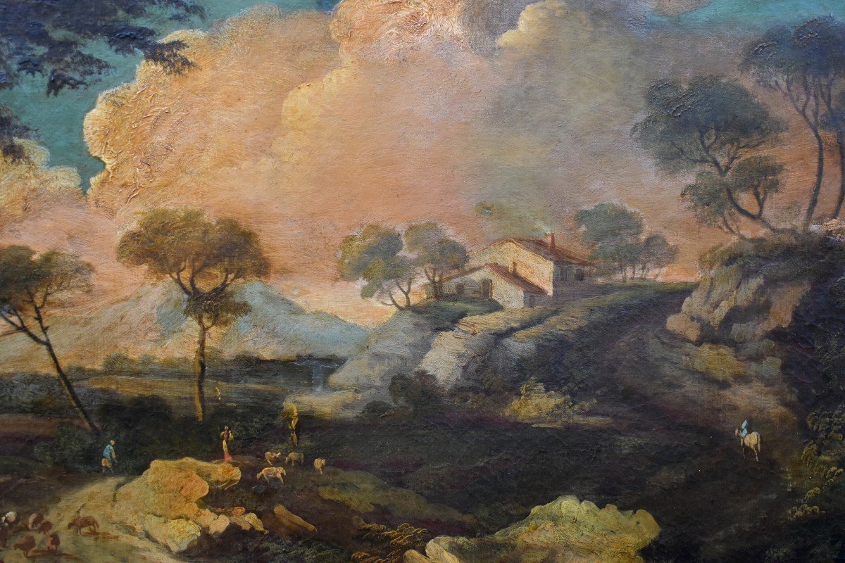 Paire De Tableaux , Italie du nord, XVIIIe siècle, paysages animés,  scène d'un  troupeau s'abreuvant,  vaches, moutons, bergers.-photo-3