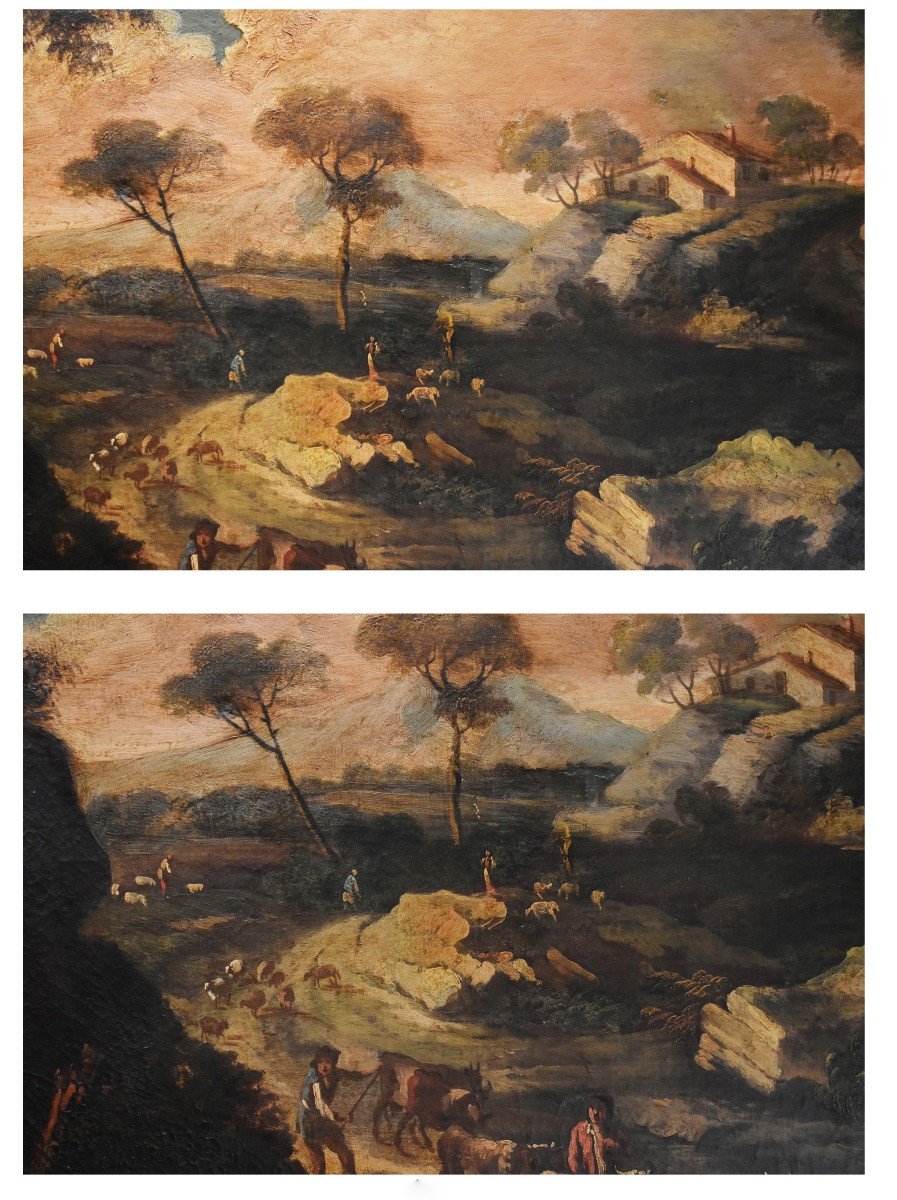 Paire De Tableaux , Italie du nord, XVIIIe siècle, paysages animés,  scène d'un  troupeau s'abreuvant,  vaches, moutons, bergers.-photo-4