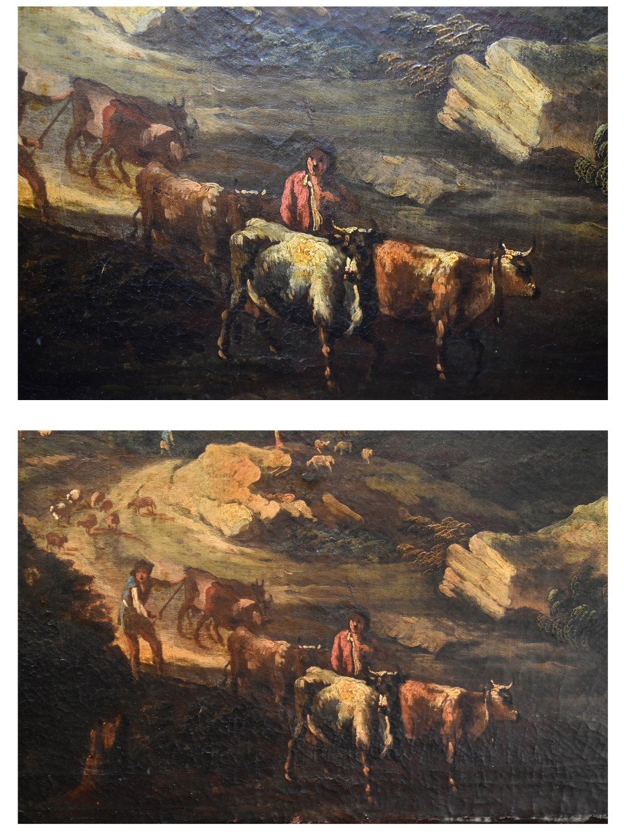 Paire De Tableaux , Italie du nord, XVIIIe siècle, paysages animés,  scène d'un  troupeau s'abreuvant,  vaches, moutons, bergers.-photo-1