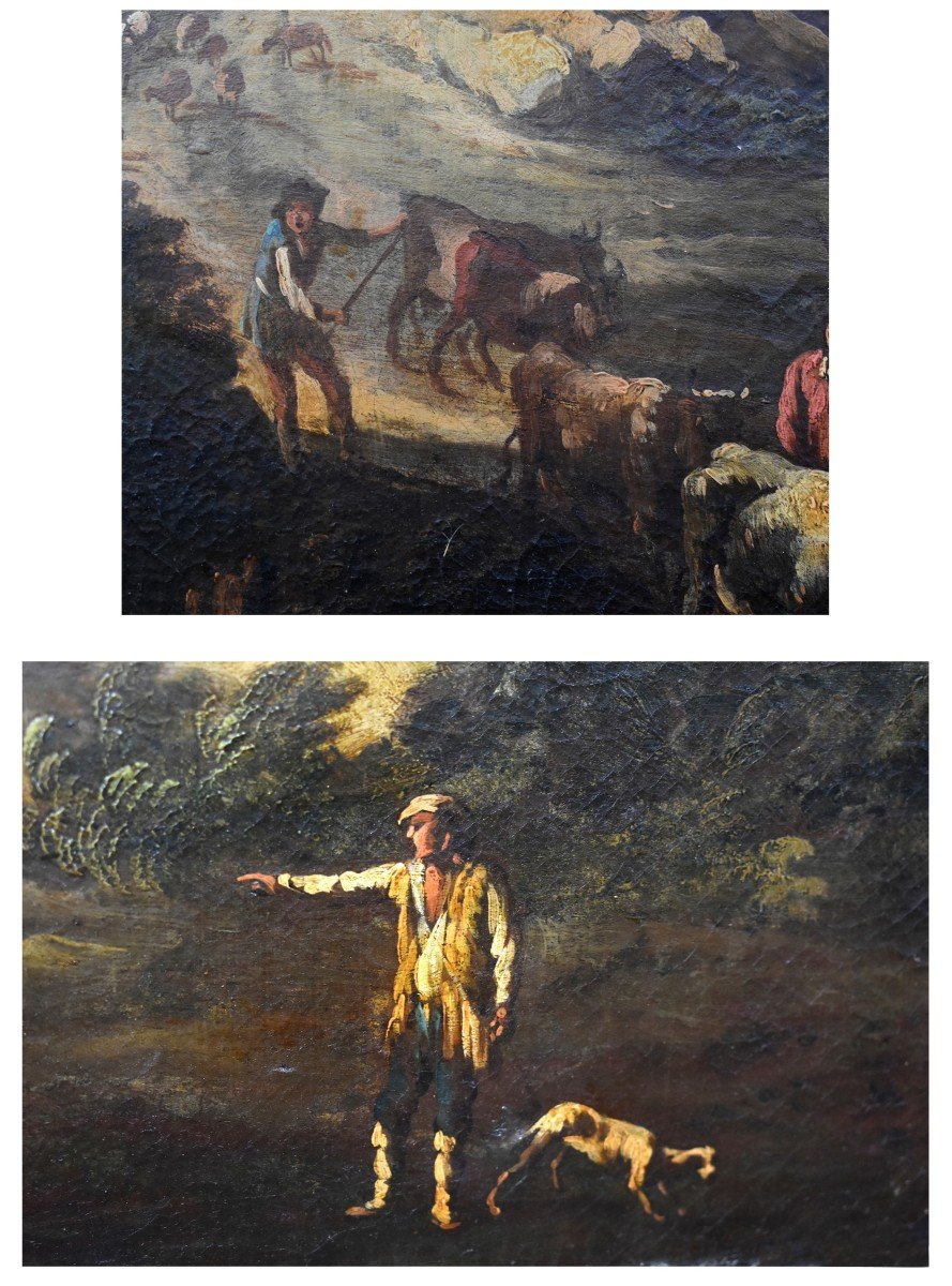 Paire De Tableaux , Italie du nord, XVIIIe siècle, paysages animés,  scène d'un  troupeau s'abreuvant,  vaches, moutons, bergers.-photo-2