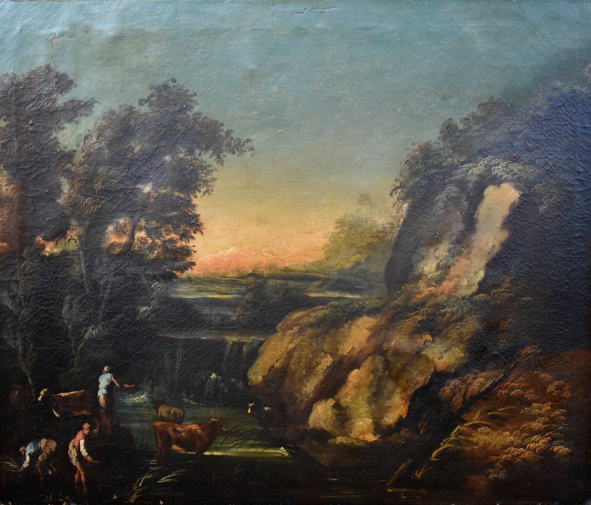 Paire De Tableaux , Italie du nord, XVIIIe siècle, paysages animés,  scène d'un  troupeau s'abreuvant,  vaches, moutons, bergers.-photo-4