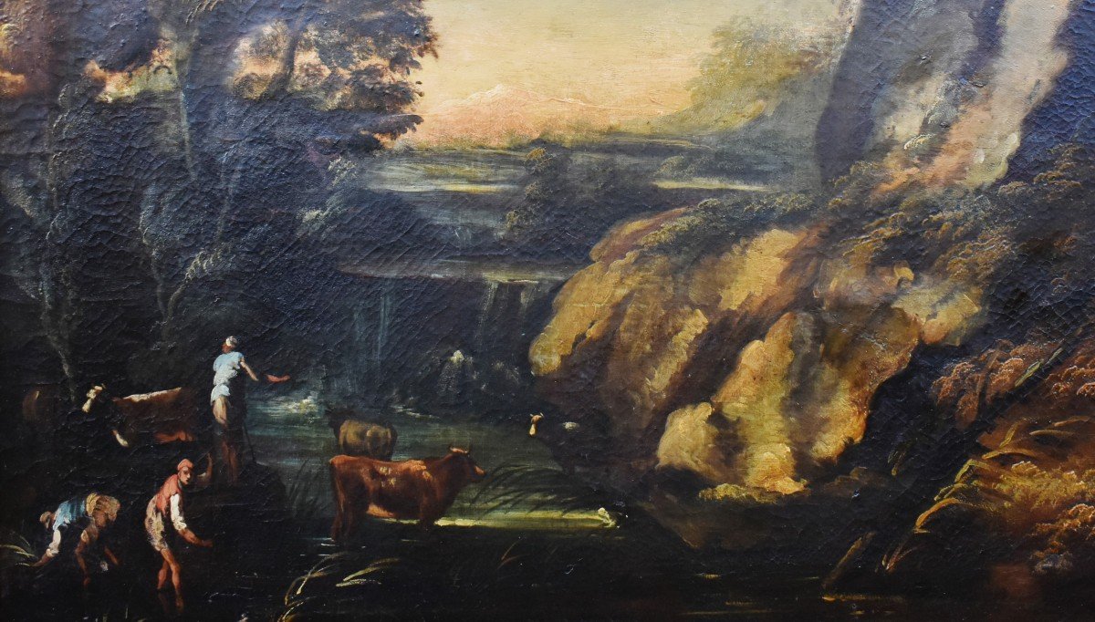 Paire De Tableaux , Italie du nord, XVIIIe siècle, paysages animés,  scène d'un  troupeau s'abreuvant,  vaches, moutons, bergers.-photo-5