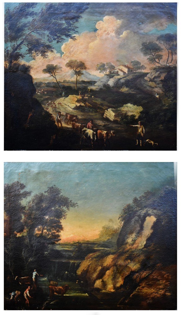 Paire De Tableaux , Italie du nord, XVIIIe siècle, paysages animés,  scène d'un  troupeau s'abreuvant,  vaches, moutons, bergers.