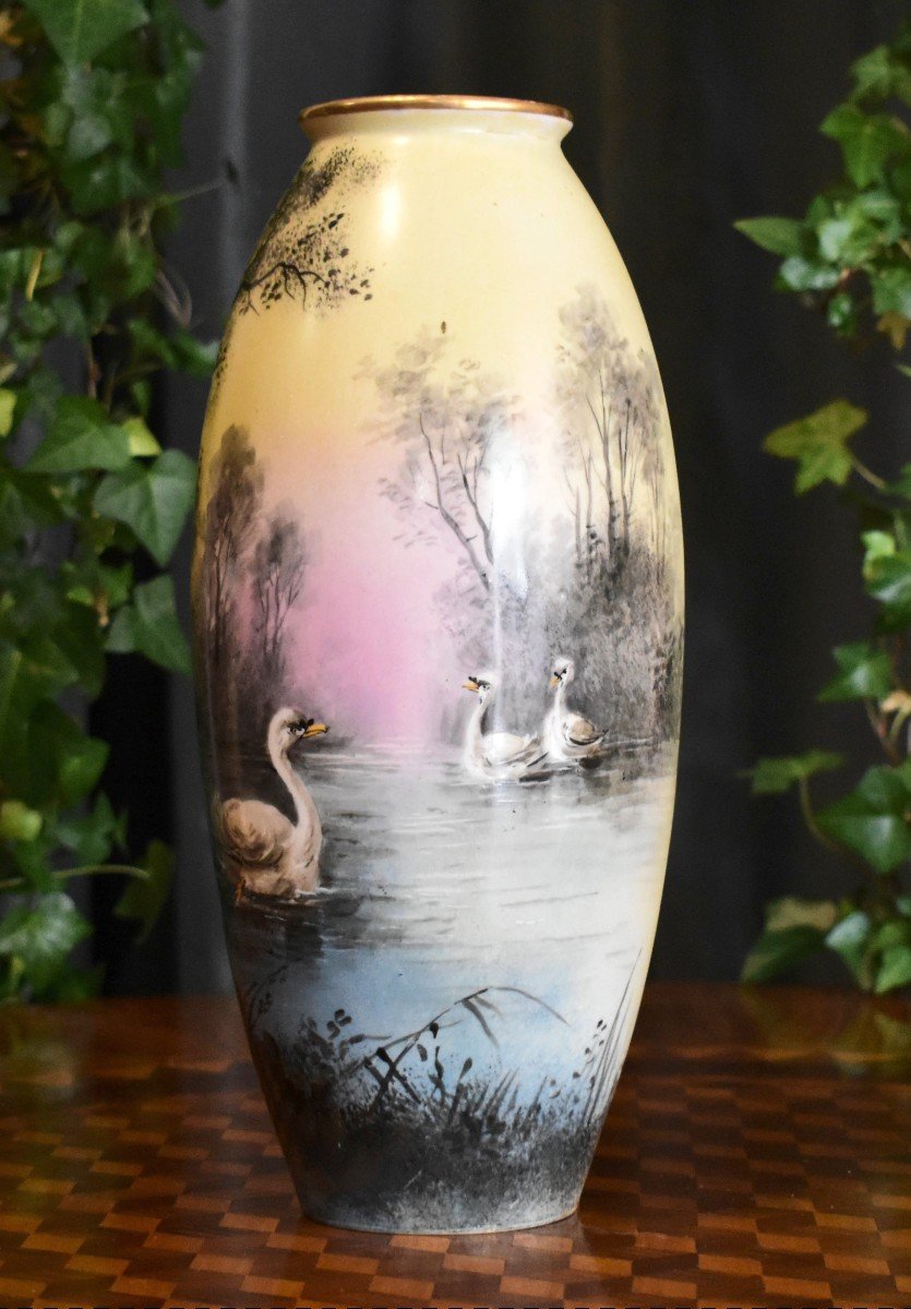 Marcadet Decorator, Limoges Porcelain Vase, Hand Painted Decor, Lake Scene, Swans, Bernardaud-photo-2