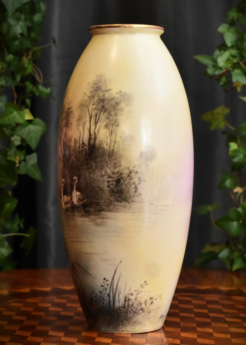 Marcadet Decorator, Limoges Porcelain Vase, Hand Painted Decor, Lake Scene, Swans, Bernardaud-photo-3