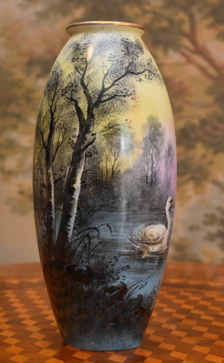 Marcadet Decorator, Limoges Porcelain Vase, Hand Painted Decor, Lake Scene, Swans, Bernardaud-photo-1