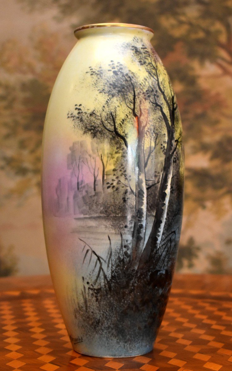 Marcadet Decorator, Limoges Porcelain Vase, Hand Painted Decor, Lake Scene, Swans, Bernardaud-photo-2