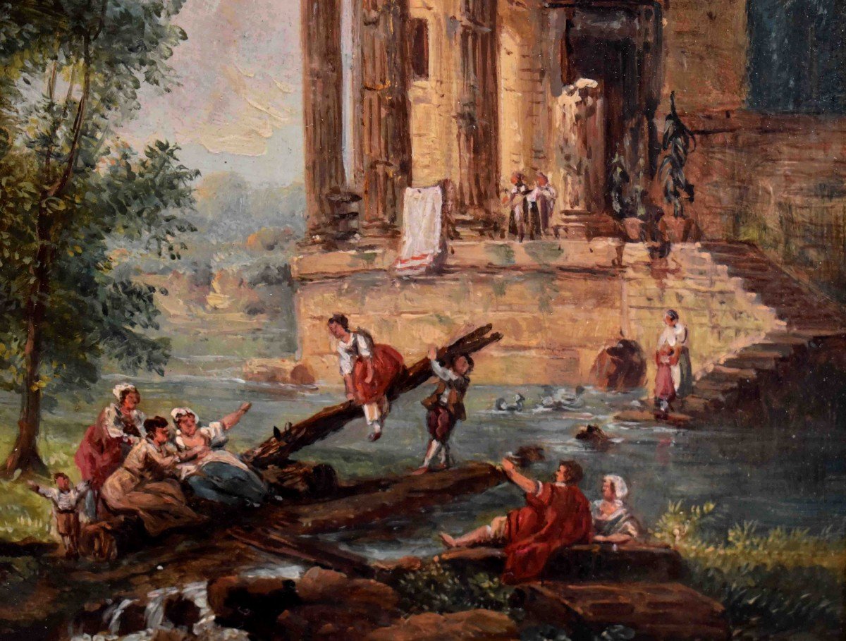 Animated Ruin Landscape, French School, Antique Decor. Late 19th Century-photo-1