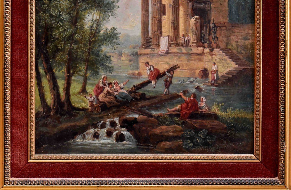 Animated Ruin Landscape, French School, Antique Decor. Late 19th Century-photo-4