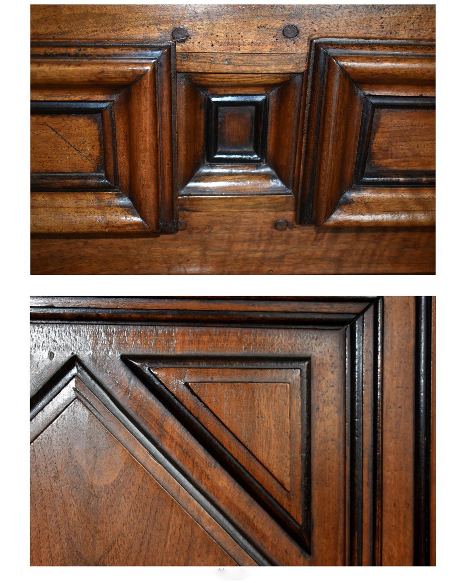 Cabinet Two Corp Pediment Louis XIII, Standing Man Seventeenth In Solid Walnut, Cabinet 2 Parts.-photo-2
