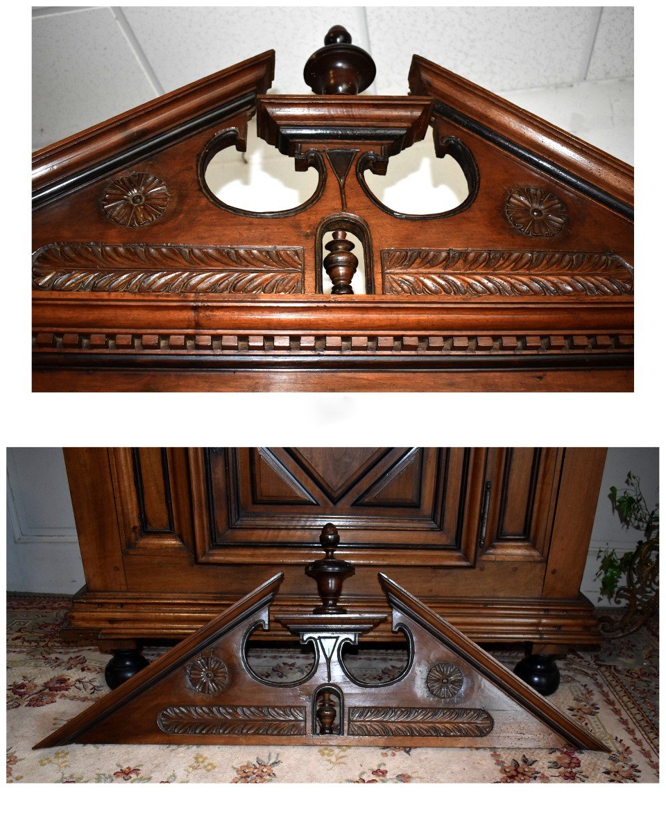 Cabinet Two Corp Pediment Louis XIII, Standing Man Seventeenth In Solid Walnut, Cabinet 2 Parts.-photo-4