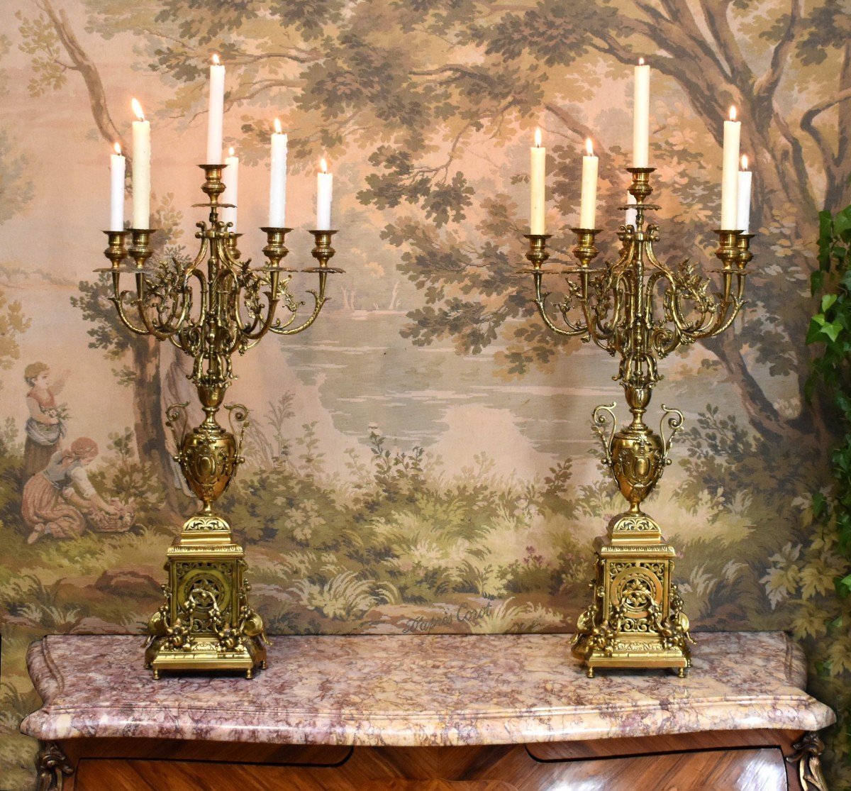 Spectacular Pair Of Candelabras In Neo-gothic Style In Bronze With Six Arms Of Light.-photo-2