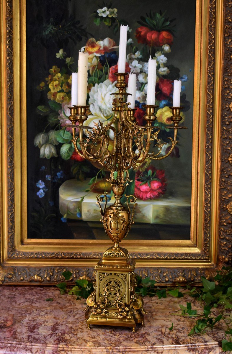 Spectacular Pair Of Candelabras In Neo-gothic Style In Bronze With Six Arms Of Light.-photo-4