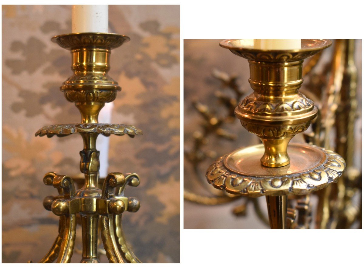 Spectacular Pair Of Candelabras In Neo-gothic Style In Bronze With Six Arms Of Light.-photo-7