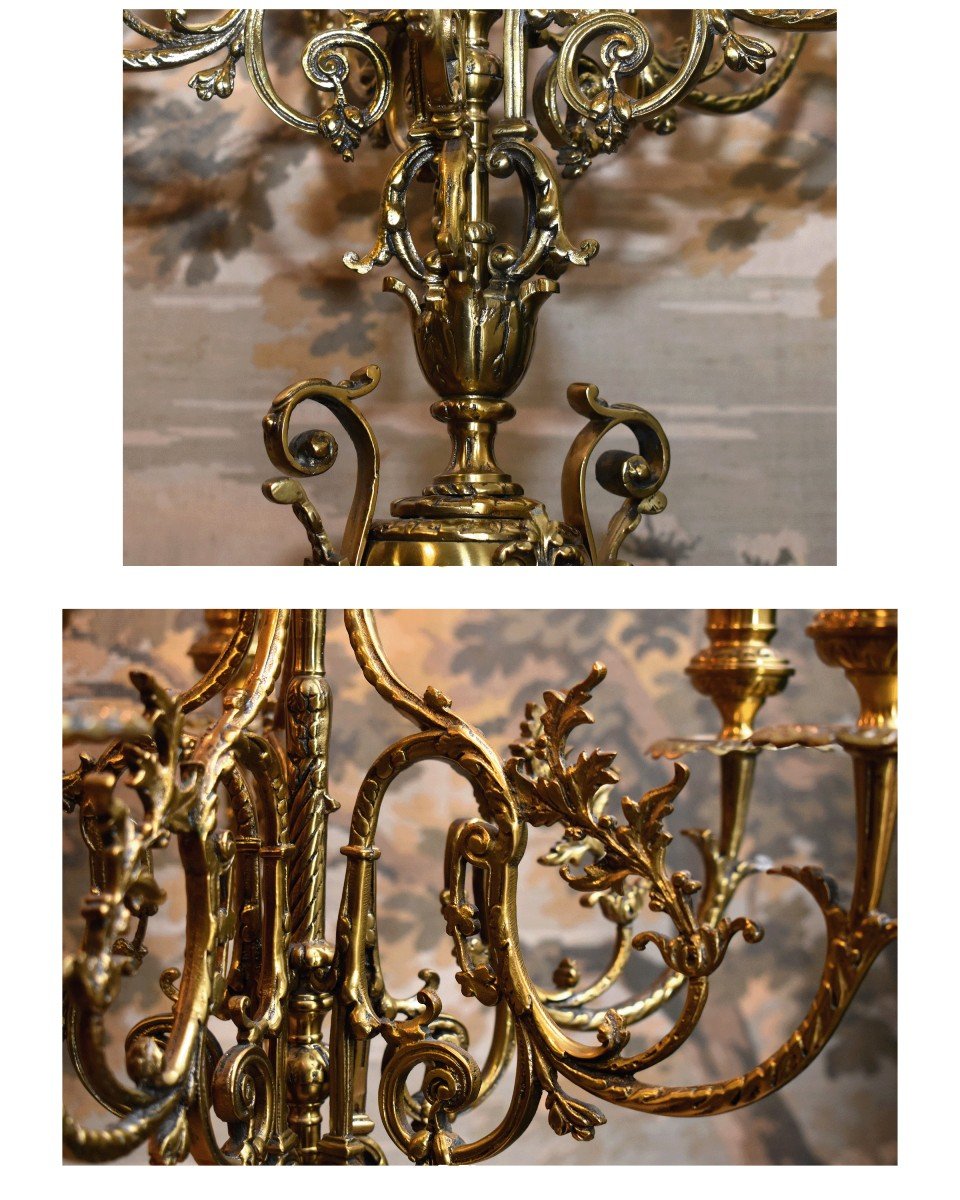 Spectacular Pair Of Candelabras In Neo-gothic Style In Bronze With Six Arms Of Light.-photo-8