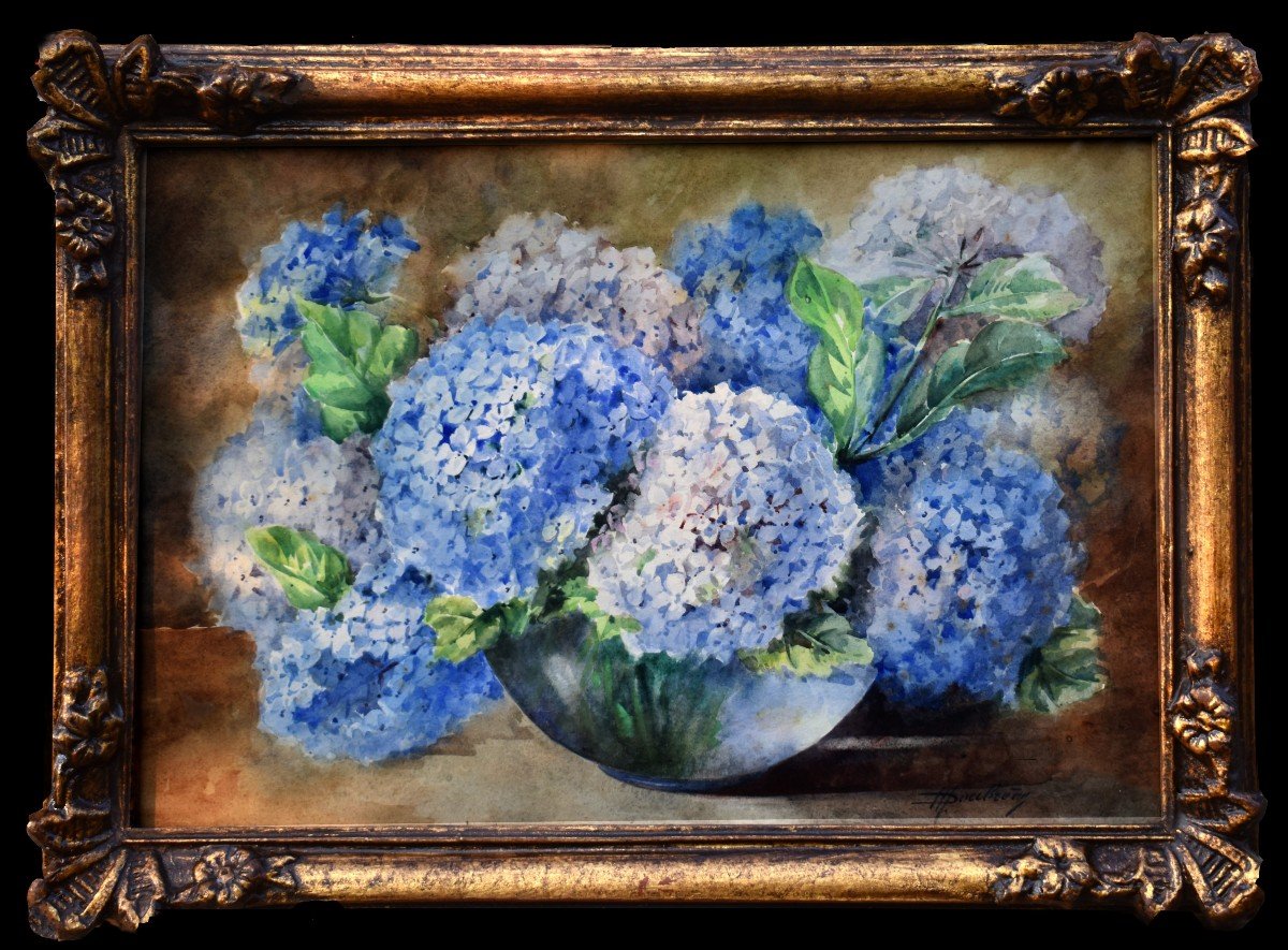 Watercolor, Bouquet Of Flowers "hydrangeas" Carved And Gilded Frame,-photo-3